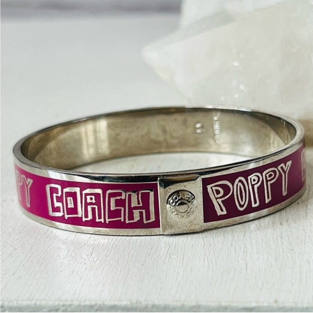 Coach Poppy Magenta Enamel Silver Tone Bangle Bracelet